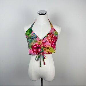 Hibiscus Collection Hawaii Pink Red Green Floral Tropical Halter Crop Top Women